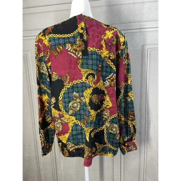 Vintage Bells Camice‎ Womens Blouse Large 12 Silk Baroque Chain Plaid 90s Preppy - Picture 12 of 13